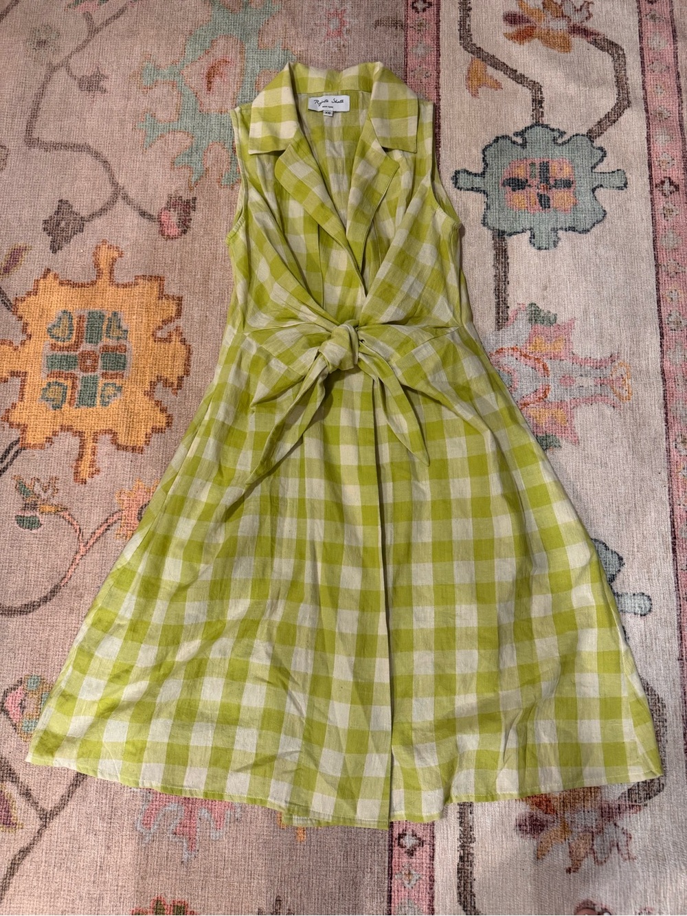 Rujuta Sheth Sleeveless Lime Gingham Tie-Waist Dress